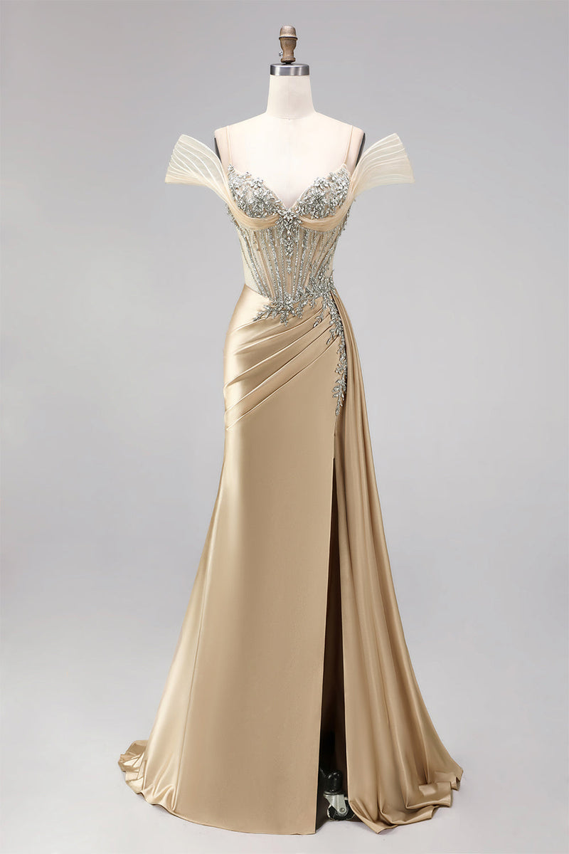 Laden Sie das Bild in den Galerie-Viewer, Champagner Meerjungfrauen Korsett Rheinstein Satin Gerafftes Langes Abschlussballkleid mit Schlitz