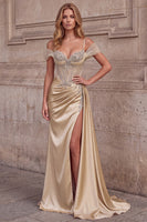 Laden Sie das Bild in den Galerie-Viewer, Champagner Meerjungfrauen Korsett Rheinstein Satin Gerafftes Langes Abschlussballkleid mit Schlitz