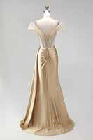 Laden Sie das Bild in den Galerie-Viewer, Champagner Meerjungfrauen Korsett Rheinstein Satin Gerafftes Langes Abschlussballkleid mit Schlitz