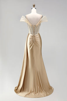 Champagner Meerjungfrauen Korsett Rheinstein Satin Gerafftes Langes Abschlussballkleid mit Schlitz