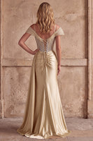 Laden Sie das Bild in den Galerie-Viewer, Champagner Meerjungfrauen Korsett Rheinstein Satin Gerafftes Langes Abschlussballkleid mit Schlitz