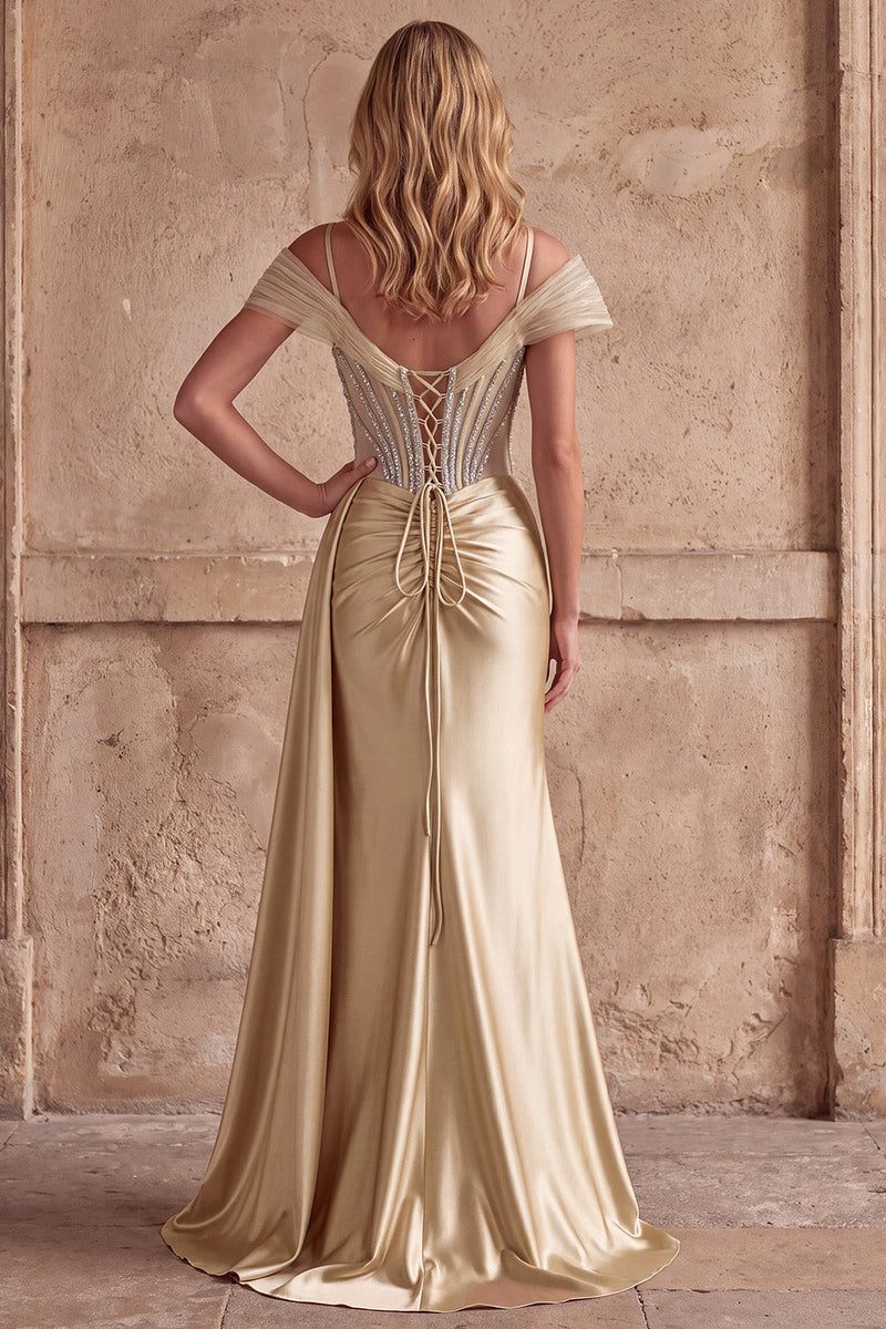 Laden Sie das Bild in den Galerie-Viewer, Champagner Meerjungfrauen Korsett Rheinstein Satin Gerafftes Langes Abschlussballkleid mit Schlitz