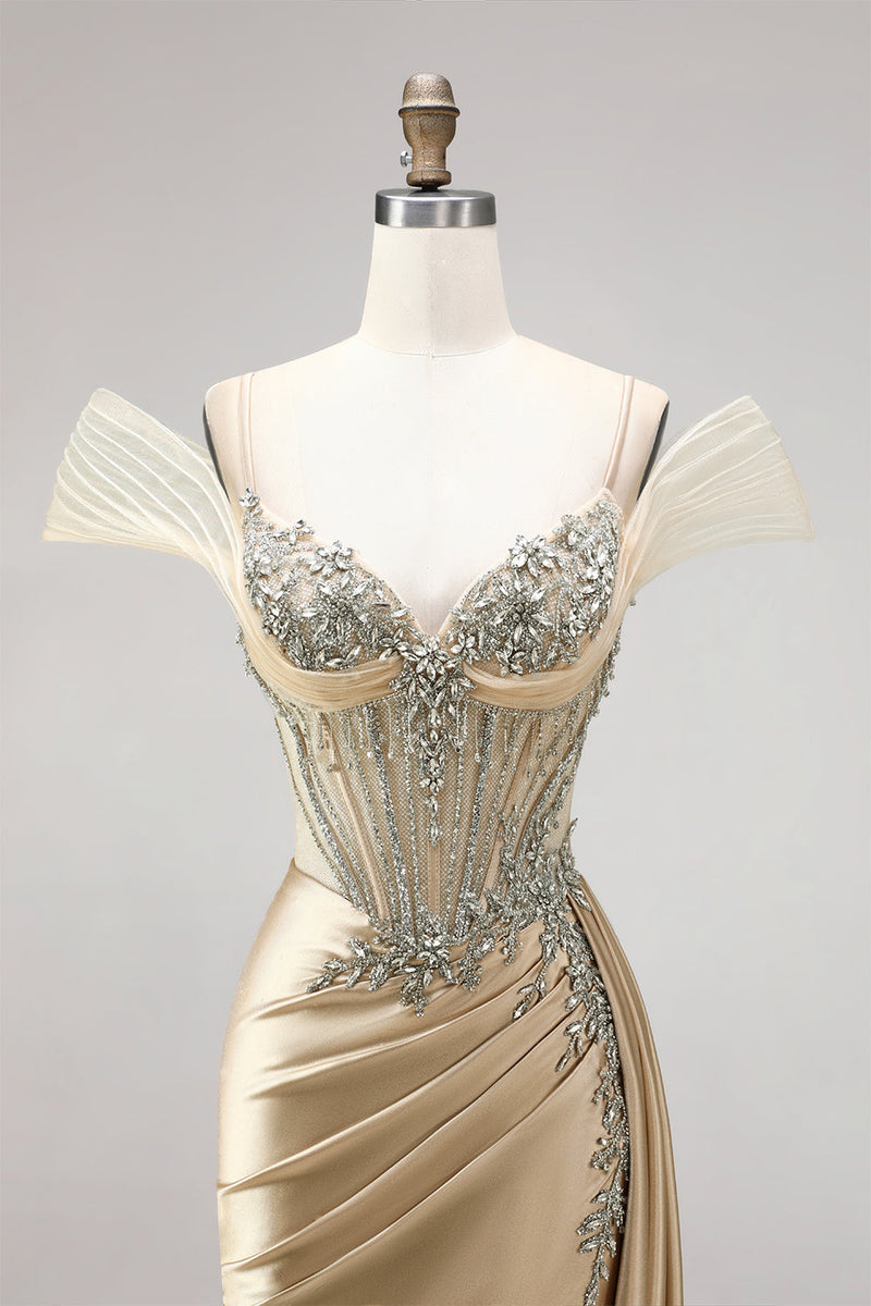 Laden Sie das Bild in den Galerie-Viewer, Champagner Meerjungfrauen Korsett Rheinstein Satin Gerafftes Langes Abschlussballkleid mit Schlitz