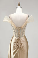 Laden Sie das Bild in den Galerie-Viewer, Champagner Meerjungfrauen Korsett Rheinstein Satin Gerafftes Langes Abschlussballkleid mit Schlitz