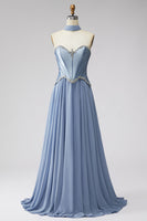 Laden Sie das Bild in den Galerie-Viewer, Staubblaues Baskisches Chiffon Korsett Rheinstein Langes Ballkleid mit Schal