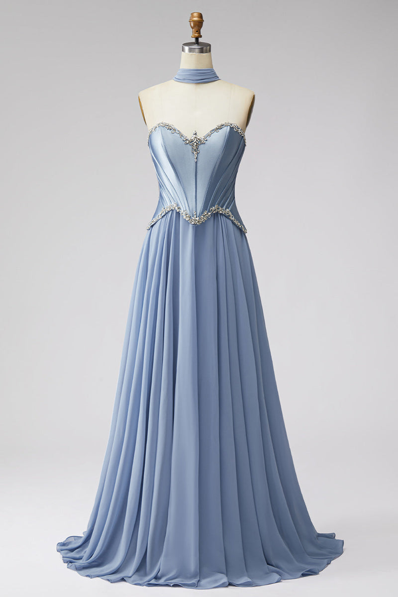 Laden Sie das Bild in den Galerie-Viewer, Staubblaues Baskisches Chiffon Korsett Rheinstein Langes Ballkleid mit Schal