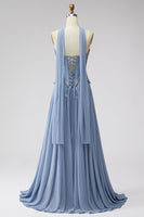 Laden Sie das Bild in den Galerie-Viewer, Staubblaues Baskisches Chiffon Korsett Rheinstein Langes Ballkleid mit Schal