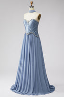 Laden Sie das Bild in den Galerie-Viewer, Staubblaues Baskisches Chiffon Korsett Rheinstein Langes Ballkleid mit Schal