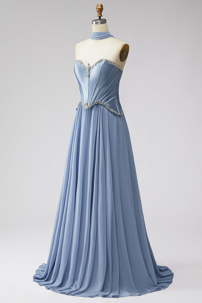 Laden Sie das Bild in den Galerie-Viewer, Staubblaues Baskisches Chiffon Korsett Rheinstein Langes Ballkleid mit Schal
