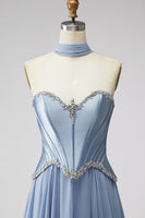 Laden Sie das Bild in den Galerie-Viewer, Staubblaues Baskisches Chiffon Korsett Rheinstein Langes Ballkleid mit Schal
