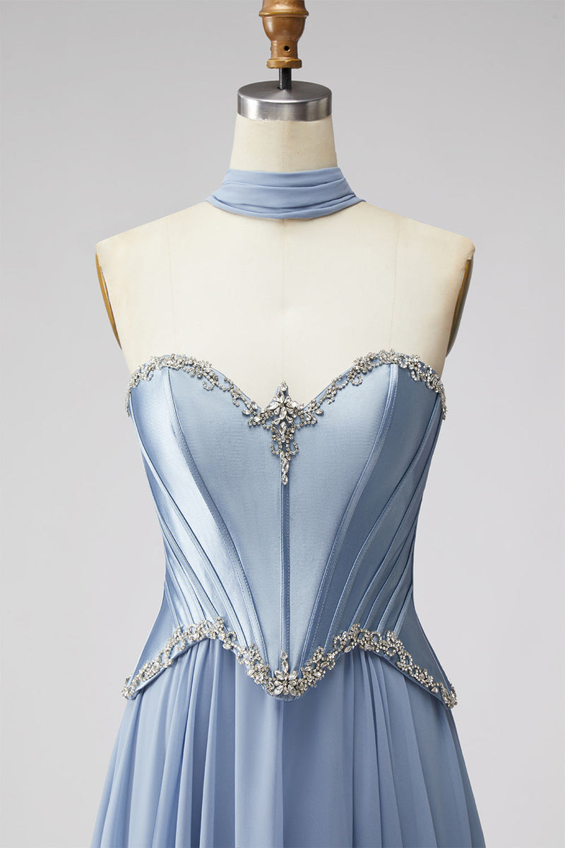 Laden Sie das Bild in den Galerie-Viewer, Staubblaues Baskisches Chiffon Korsett Rheinstein Langes Ballkleid mit Schal