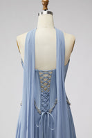 Laden Sie das Bild in den Galerie-Viewer, Staubblaues Baskisches Chiffon Korsett Rheinstein Langes Ballkleid mit Schal