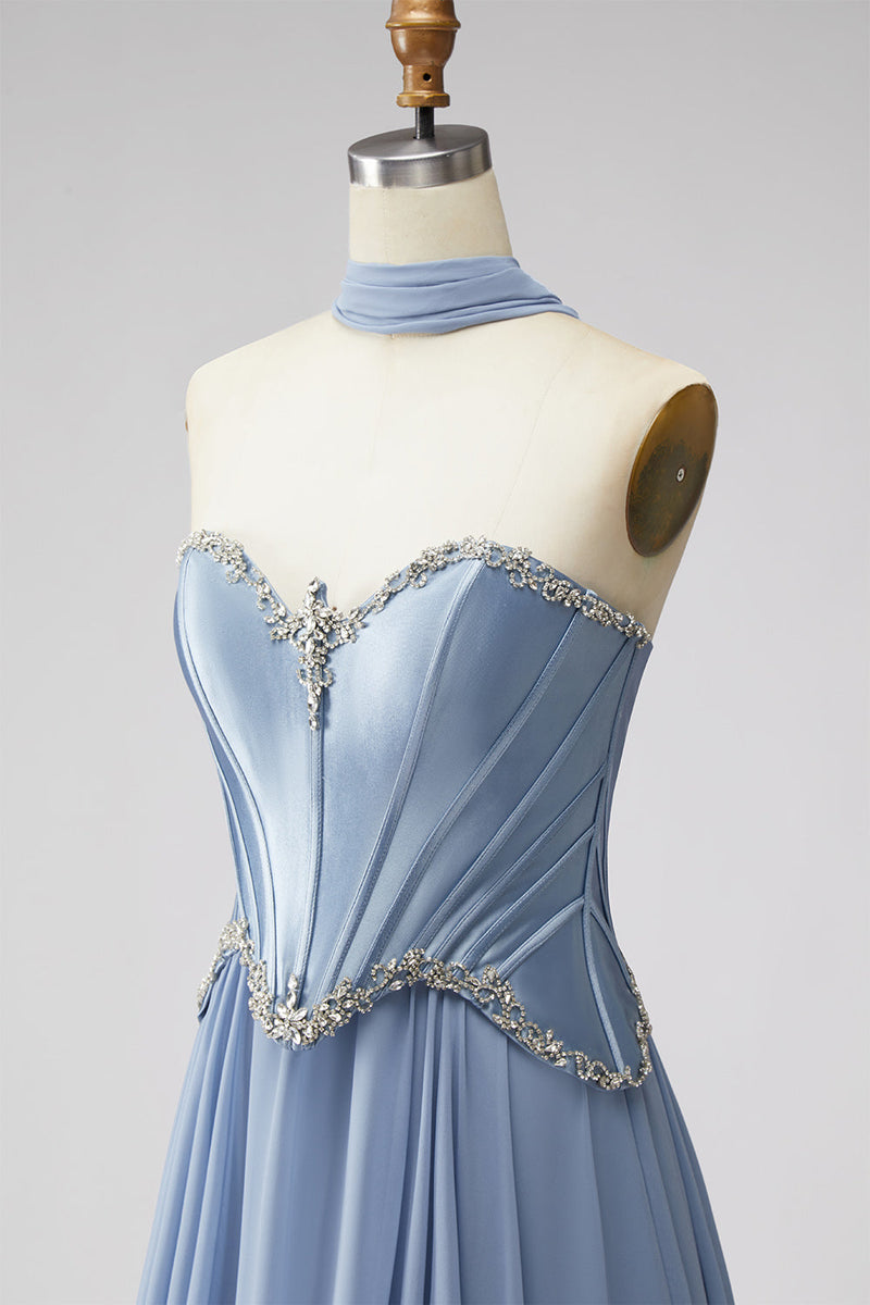 Laden Sie das Bild in den Galerie-Viewer, Staubblaues Baskisches Chiffon Korsett Rheinstein Langes Ballkleid mit Schal