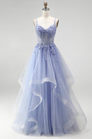 Laden Sie das Bild in den Galerie-Viewer, Staubiges blaues, transparentes Korsett, Pailletten, Langballkleid mit floraler Stickerei