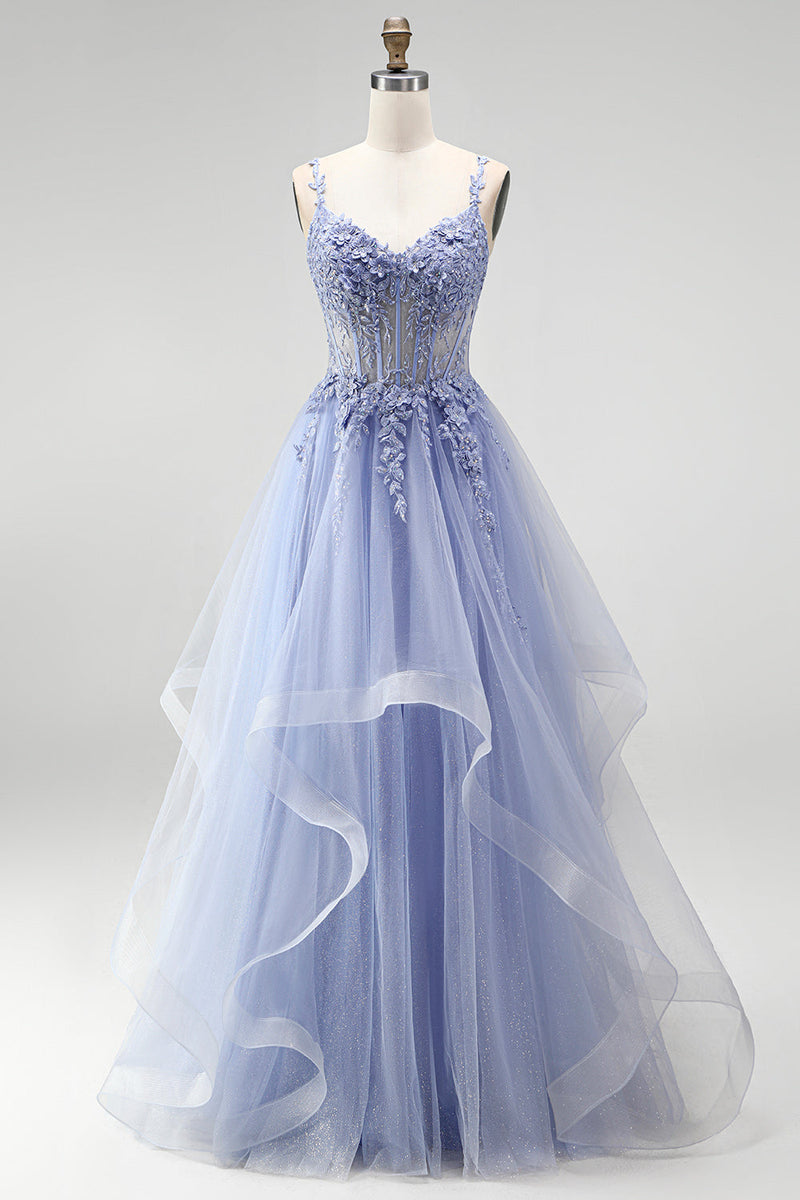 Laden Sie das Bild in den Galerie-Viewer, Staubiges blaues, transparentes Korsett, Pailletten, Langballkleid mit floraler Stickerei