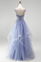 Laden Sie das Bild in den Galerie-Viewer, Staubiges blaues, transparentes Korsett, Pailletten, Langballkleid mit floraler Stickerei