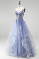 Laden Sie das Bild in den Galerie-Viewer, Staubiges blaues, transparentes Korsett, Pailletten, Langballkleid mit floraler Stickerei