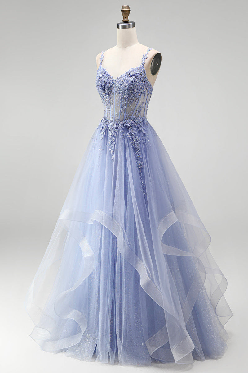 Laden Sie das Bild in den Galerie-Viewer, Staubiges blaues, transparentes Korsett, Pailletten, Langballkleid mit floraler Stickerei