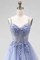 Laden Sie das Bild in den Galerie-Viewer, Staubiges blaues, transparentes Korsett, Pailletten, Langballkleid mit floraler Stickerei