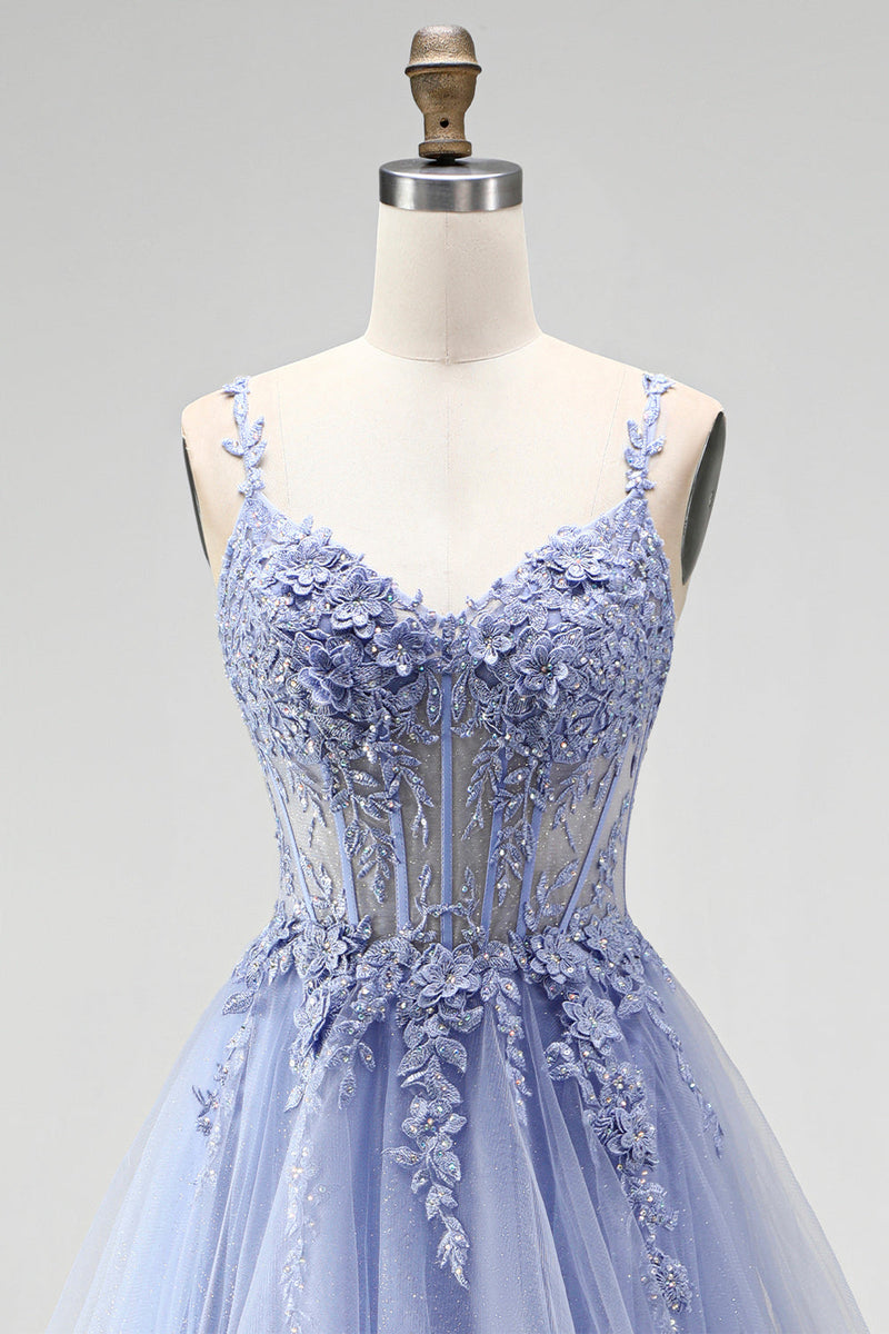 Laden Sie das Bild in den Galerie-Viewer, Staubiges blaues, transparentes Korsett, Pailletten, Langballkleid mit floraler Stickerei