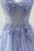 Laden Sie das Bild in den Galerie-Viewer, Staubiges blaues, transparentes Korsett, Pailletten, Langballkleid mit floraler Stickerei