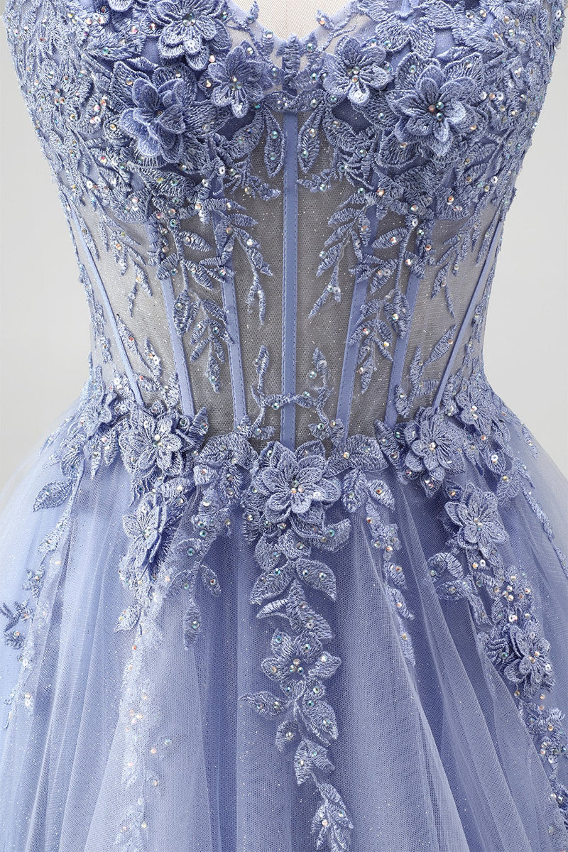 Laden Sie das Bild in den Galerie-Viewer, Staubiges blaues, transparentes Korsett, Pailletten, Langballkleid mit floraler Stickerei