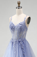 Laden Sie das Bild in den Galerie-Viewer, Staubiges blaues, transparentes Korsett, Pailletten, Langballkleid mit floraler Stickerei