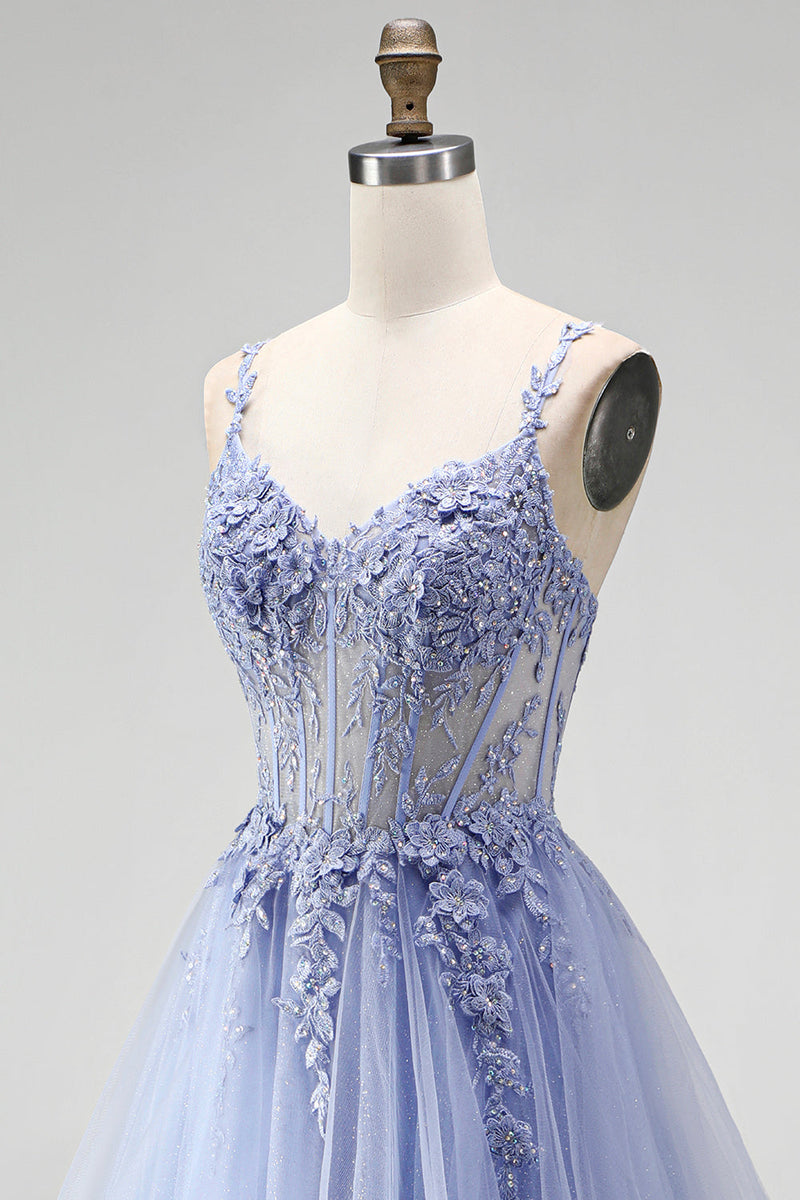 Laden Sie das Bild in den Galerie-Viewer, Staubiges blaues, transparentes Korsett, Pailletten, Langballkleid mit floraler Stickerei