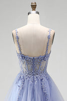 Laden Sie das Bild in den Galerie-Viewer, Staubiges blaues, transparentes Korsett, Pailletten, Langballkleid mit floraler Stickerei