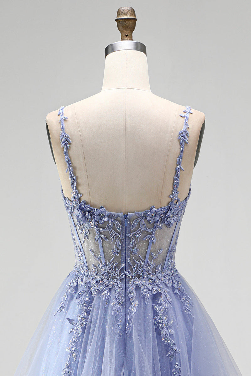 Laden Sie das Bild in den Galerie-Viewer, Staubiges blaues, transparentes Korsett, Pailletten, Langballkleid mit floraler Stickerei