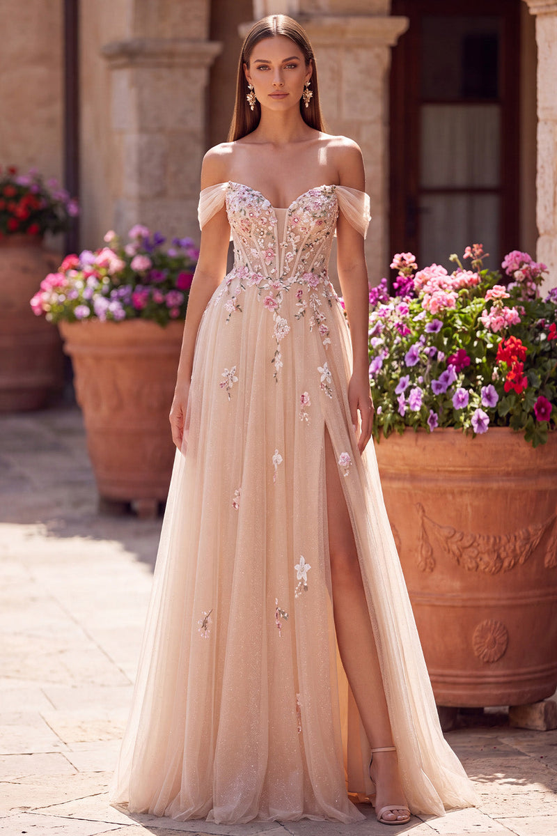 Laden Sie das Bild in den Galerie-Viewer, Glitzerndes Schulterloses Champagner Pailletten Korsett A-Linie Tüll Langes Ballkleid mit Applikationen