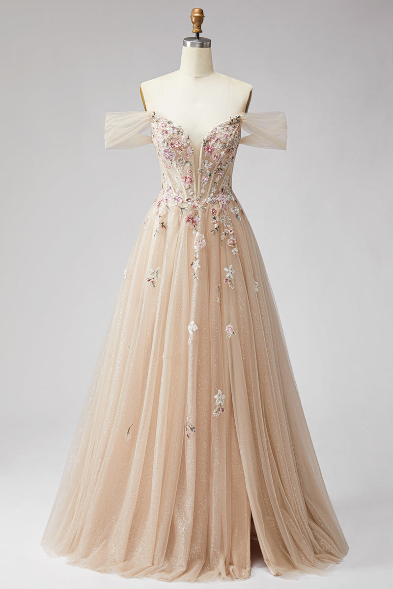 Laden Sie das Bild in den Galerie-Viewer, Glitzerndes Schulterloses Champagner Pailletten Korsett A-Linie Tüll Langes Ballkleid mit Applikationen