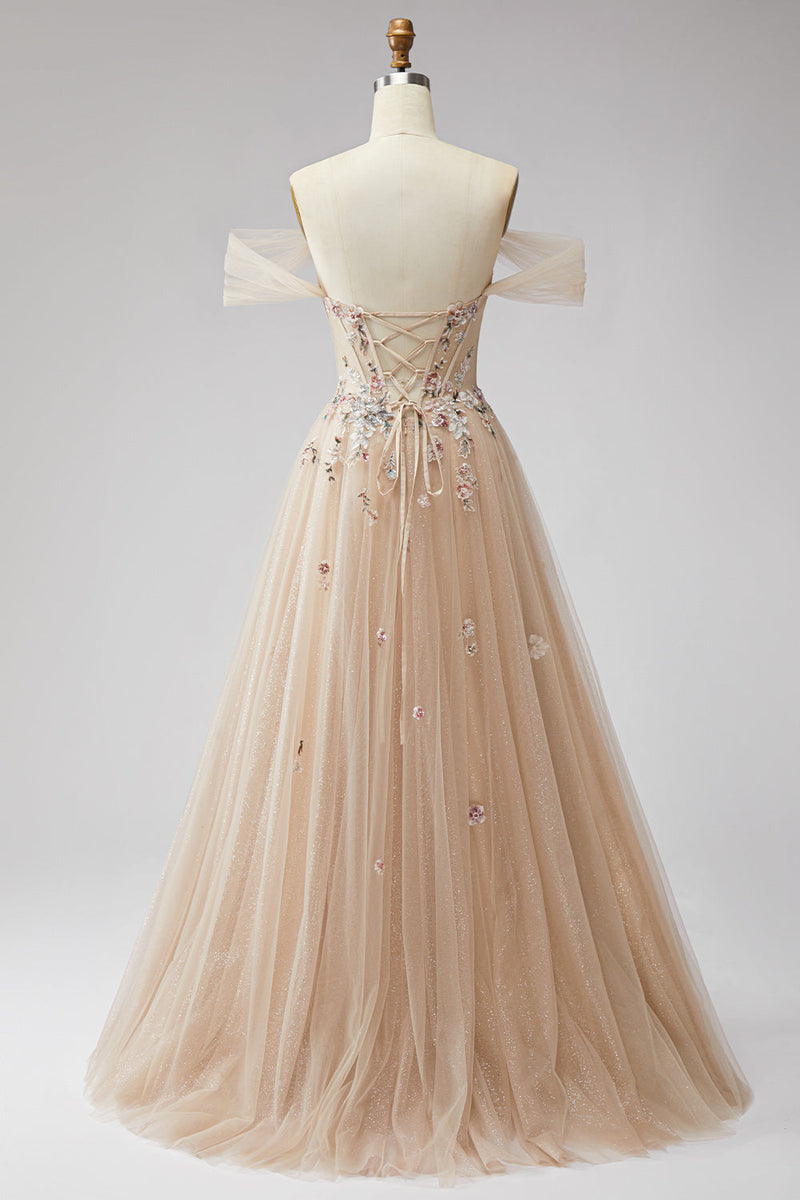 Laden Sie das Bild in den Galerie-Viewer, Glitzerndes Schulterloses Champagner Pailletten Korsett A-Linie Tüll Langes Ballkleid mit Applikationen