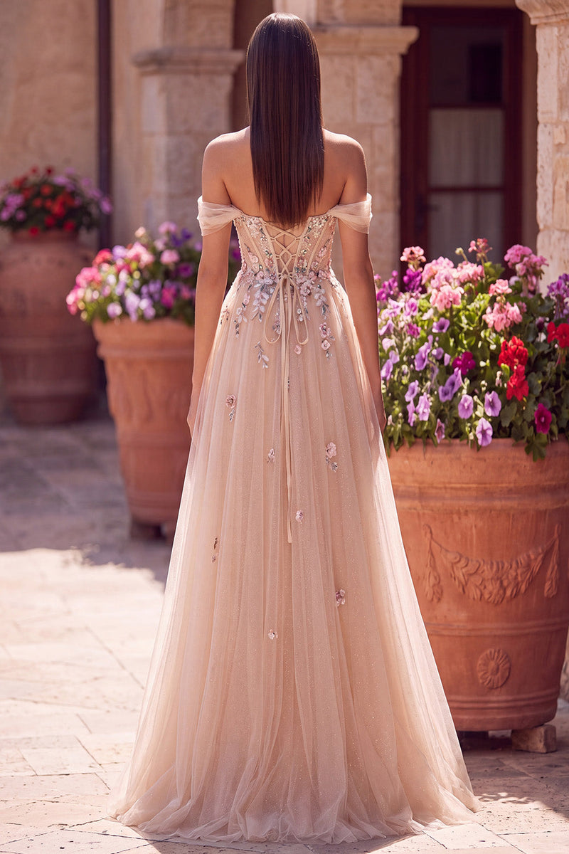 Laden Sie das Bild in den Galerie-Viewer, Glitzerndes Schulterloses Champagner Pailletten Korsett A-Linie Tüll Langes Ballkleid mit Applikationen