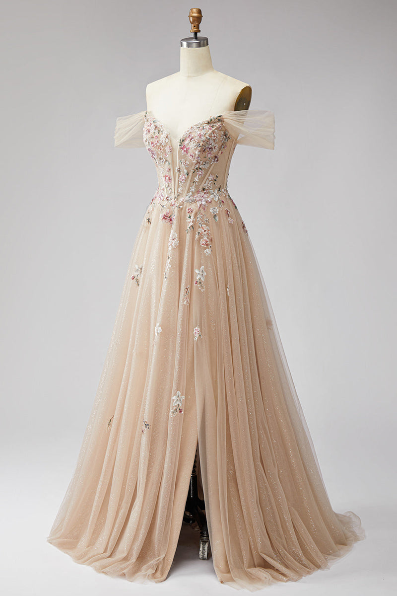 Laden Sie das Bild in den Galerie-Viewer, Glitzerndes Schulterloses Champagner Pailletten Korsett A-Linie Tüll Langes Ballkleid mit Applikationen