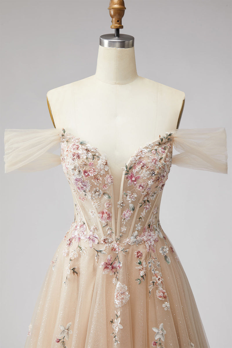 Laden Sie das Bild in den Galerie-Viewer, Glitzerndes Schulterloses Champagner Pailletten Korsett A-Linie Tüll Langes Ballkleid mit Applikationen