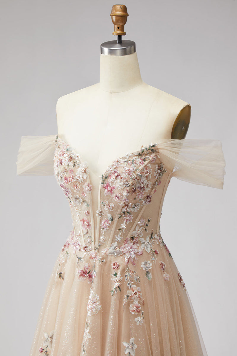 Laden Sie das Bild in den Galerie-Viewer, Glitzerndes Schulterloses Champagner Pailletten Korsett A-Linie Tüll Langes Ballkleid mit Applikationen