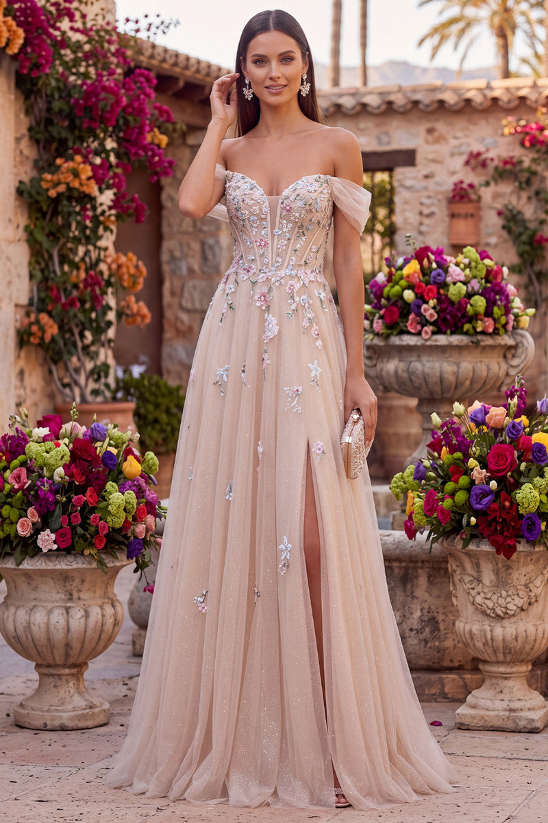 Laden Sie das Bild in den Galerie-Viewer, Glitzerndes Schulterloses Champagner Pailletten Korsett A-Linie Tüll Langes Ballkleid mit Applikationen