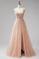 Laden Sie das Bild in den Galerie-Viewer, Champagner V-Ausschnitt 3D-Blumenapplikationen Tüll Pailletten A-Linie Maxi Festkleid mit Schlitz