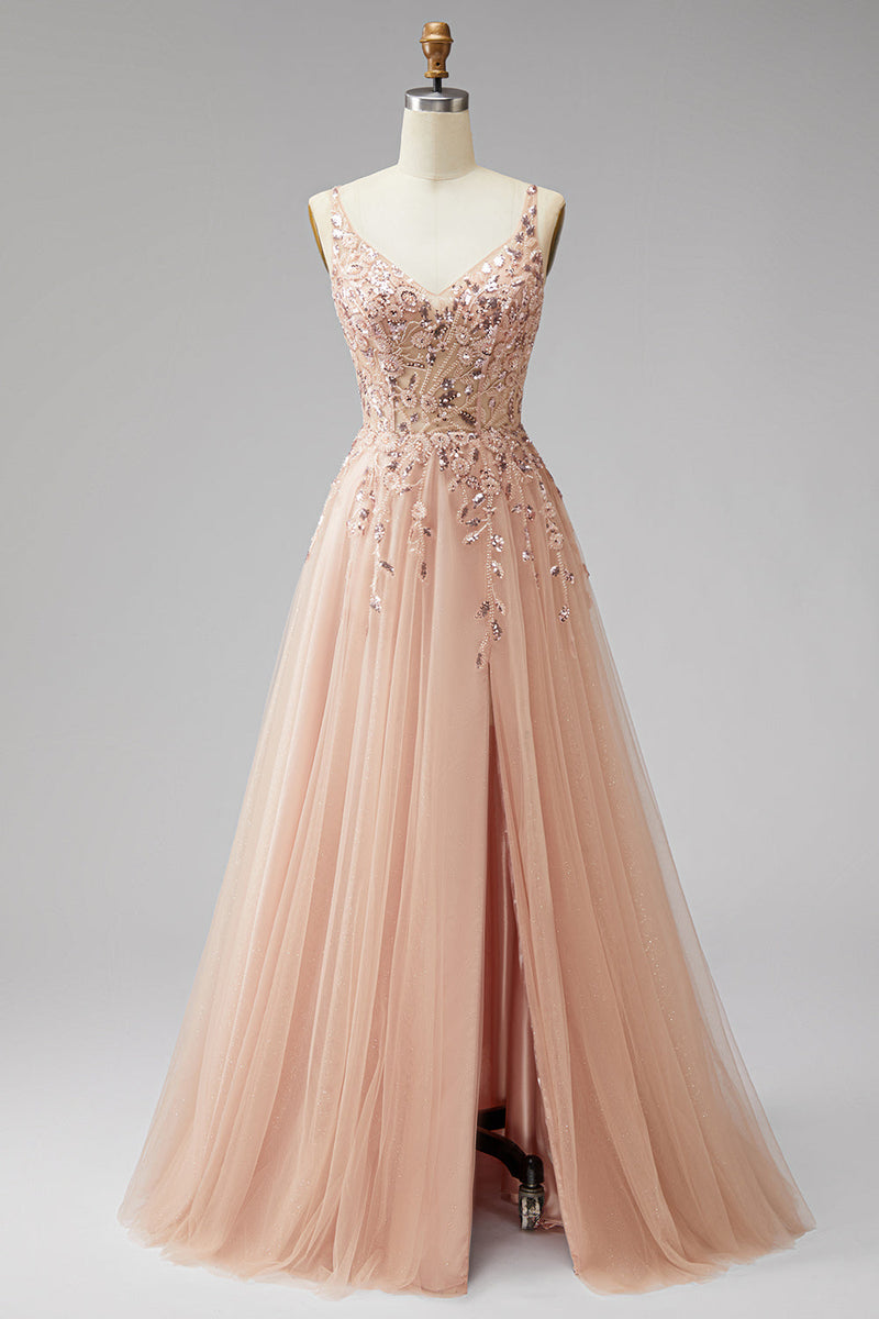 Laden Sie das Bild in den Galerie-Viewer, Champagner V-Ausschnitt 3D-Blumenapplikationen Tüll Pailletten A-Linie Maxi Festkleid mit Schlitz