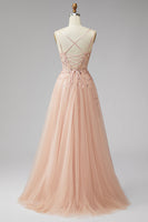 Laden Sie das Bild in den Galerie-Viewer, Champagner V-Ausschnitt 3D-Blumenapplikationen Tüll Pailletten A-Linie Maxi Festkleid mit Schlitz
