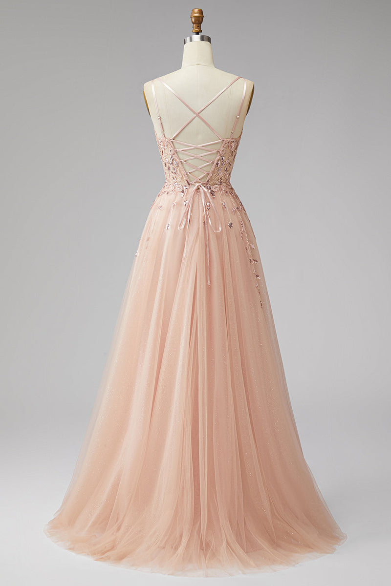 Laden Sie das Bild in den Galerie-Viewer, Champagner V-Ausschnitt 3D-Blumenapplikationen Tüll Pailletten A-Linie Maxi Festkleid mit Schlitz