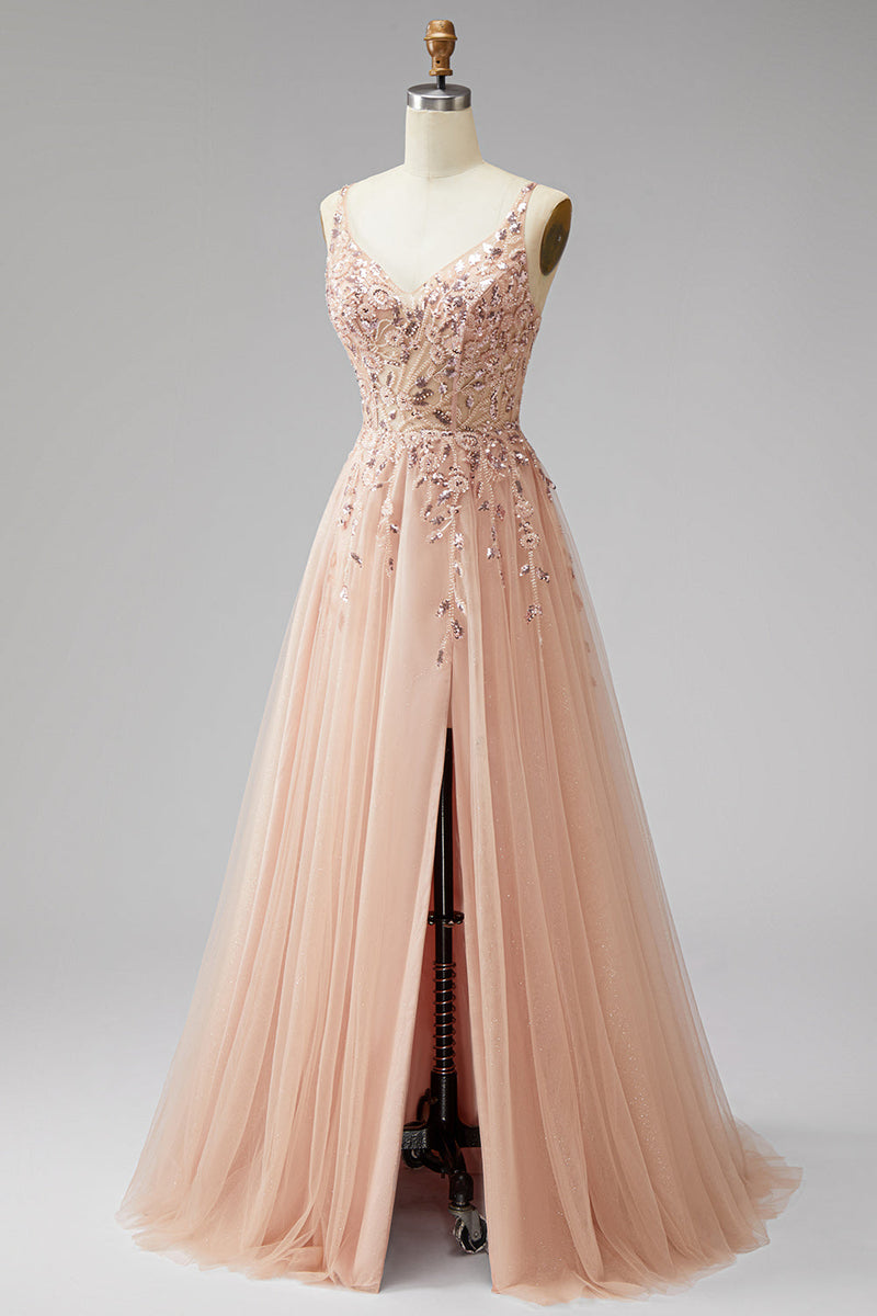 Laden Sie das Bild in den Galerie-Viewer, Champagner V-Ausschnitt 3D-Blumenapplikationen Tüll Pailletten A-Linie Maxi Festkleid mit Schlitz