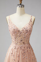 Laden Sie das Bild in den Galerie-Viewer, Champagner V-Ausschnitt 3D-Blumenapplikationen Tüll Pailletten A-Linie Maxi Festkleid mit Schlitz