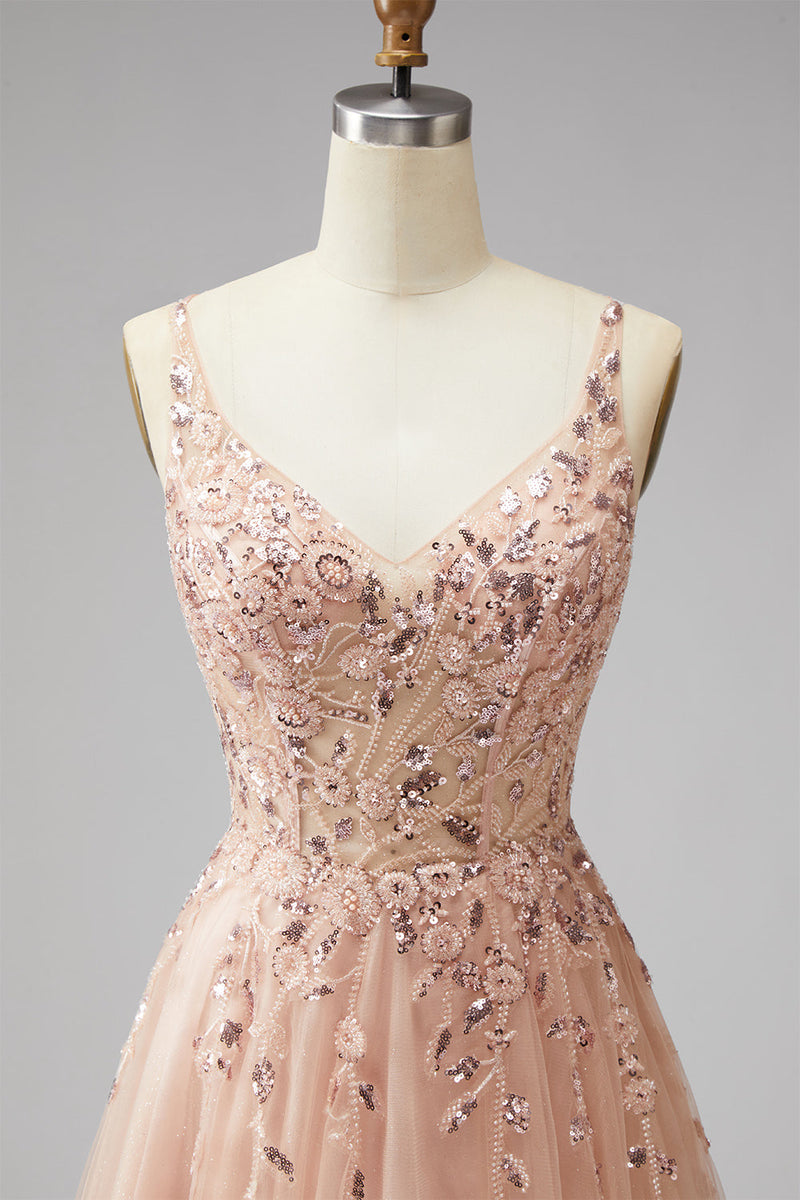 Laden Sie das Bild in den Galerie-Viewer, Champagner V-Ausschnitt 3D-Blumenapplikationen Tüll Pailletten A-Linie Maxi Festkleid mit Schlitz