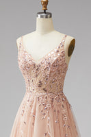 Laden Sie das Bild in den Galerie-Viewer, Champagner V-Ausschnitt 3D-Blumenapplikationen Tüll Pailletten A-Linie Maxi Festkleid mit Schlitz