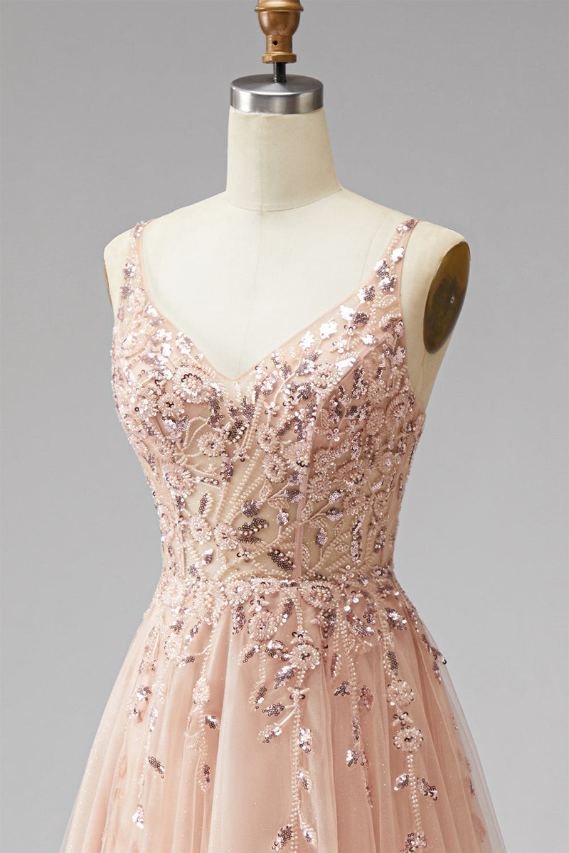 Laden Sie das Bild in den Galerie-Viewer, Champagner V-Ausschnitt 3D-Blumenapplikationen Tüll Pailletten A-Linie Maxi Festkleid mit Schlitz