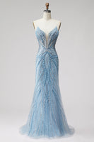 Laden Sie das Bild in den Galerie-Viewer, Hellblaues Perlenträger-Meerjungfrauen-Abschlussballkleid mit Perlen