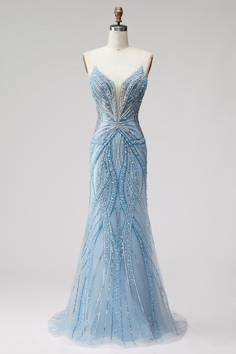 Laden Sie das Bild in den Galerie-Viewer, Hellblaues Perlenträger-Meerjungfrauen-Abschlussballkleid mit Perlen