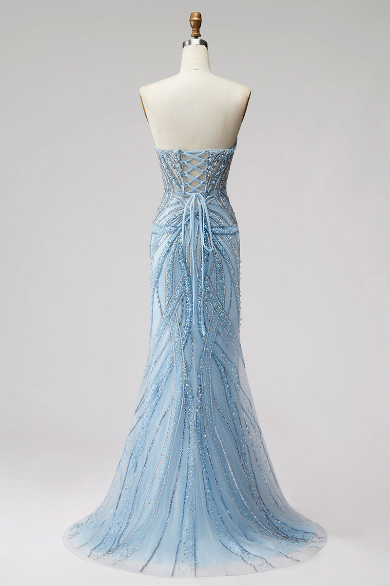 Laden Sie das Bild in den Galerie-Viewer, Hellblaues Perlenträger-Meerjungfrauen-Abschlussballkleid mit Perlen